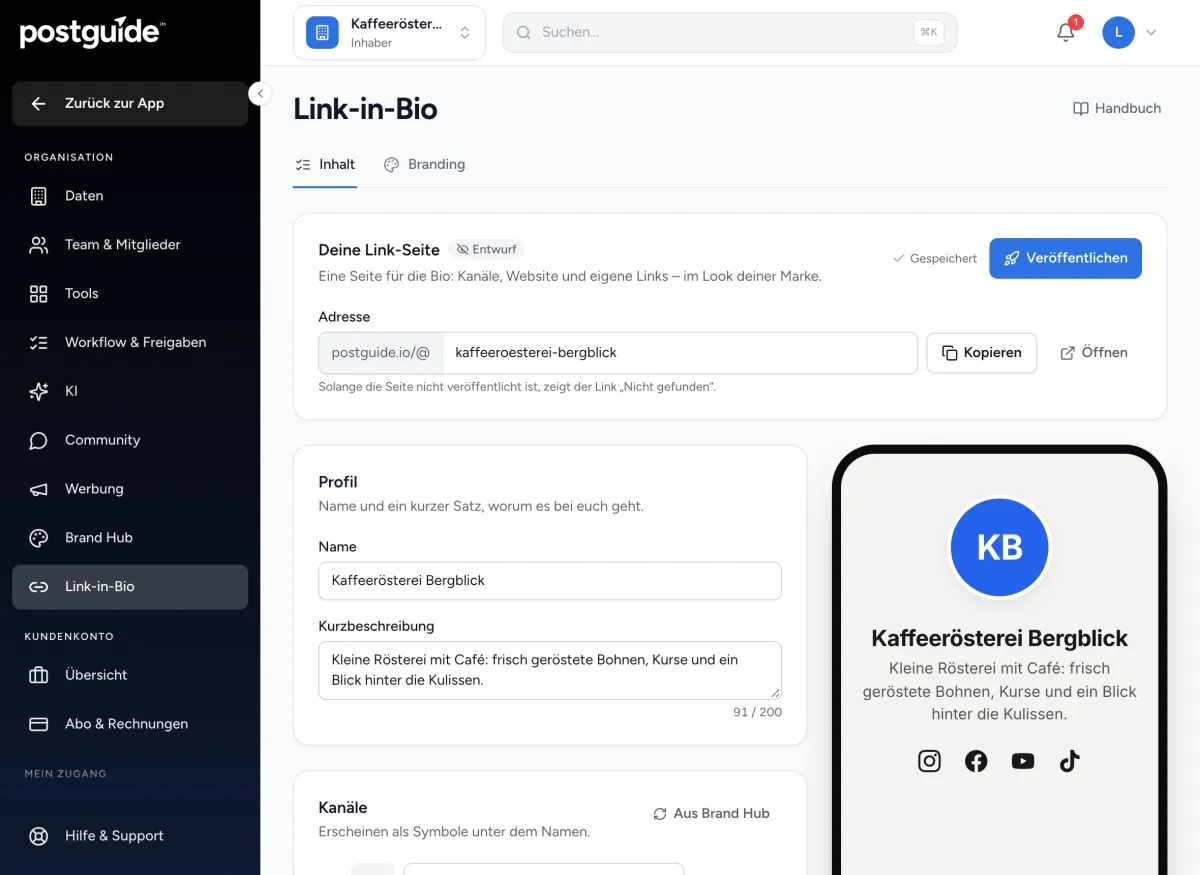 Link-in-Bio-Editor mit Adresse, Profilangaben und der Live-Vorschau der Link-Seite einer Beispiel-Rösterei