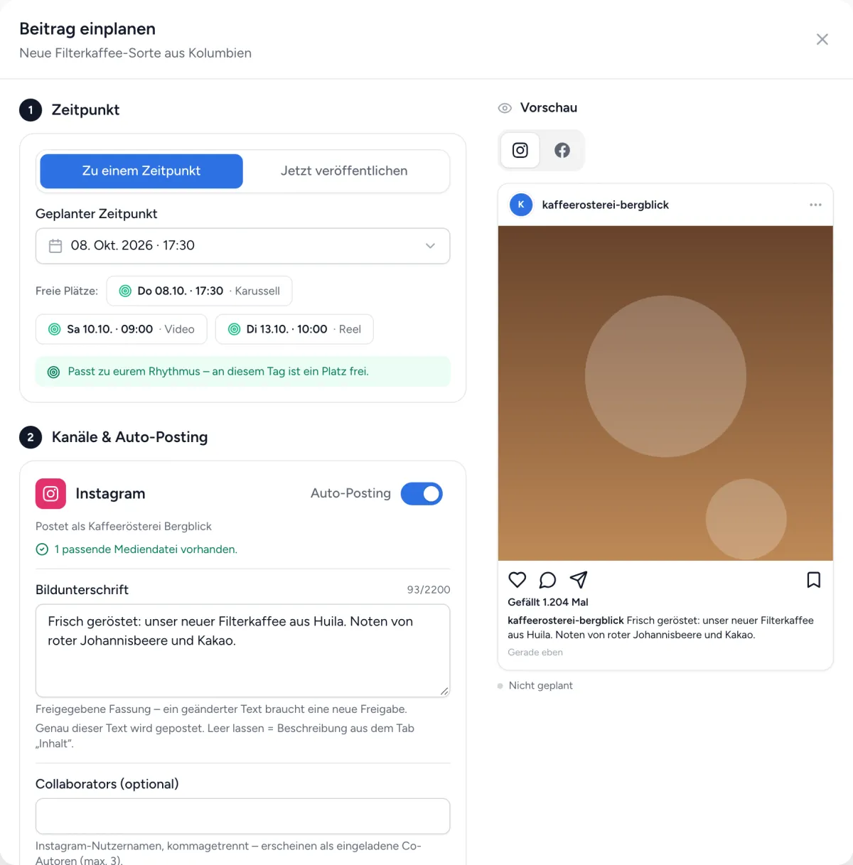 Dialog „Beitrag einplanen“ mit Zeitpunkt, freien Plätzen, Instagram mit eingeschaltetem Auto-Posting und der Vorschau des Beitrags