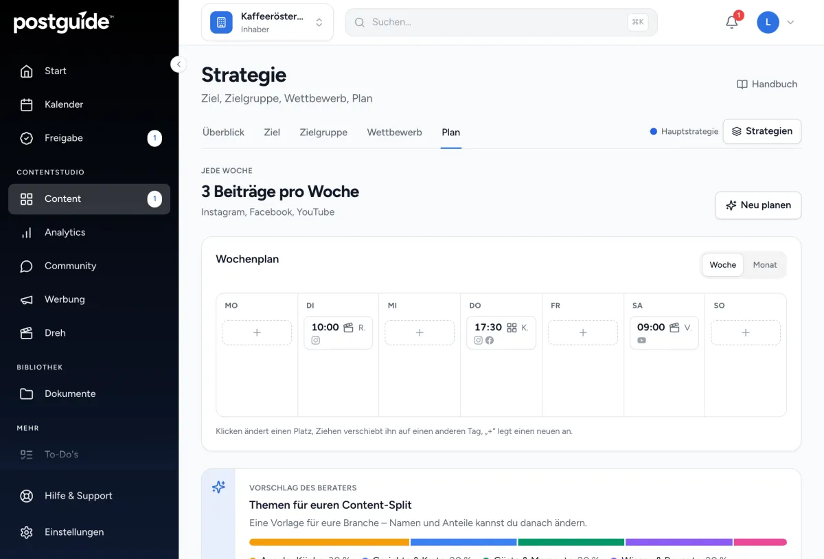 Strategie, Tab „Plan“: Wochenplan mit Plätzen am Dienstag, Donnerstag und Samstag, darunter der Vorschlag des Beraters für die Themen